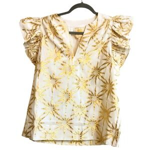 Emily McCarthy womens blouse MAGGIE Gold Burst Metallic Star Ruffle Sleev S NWOT